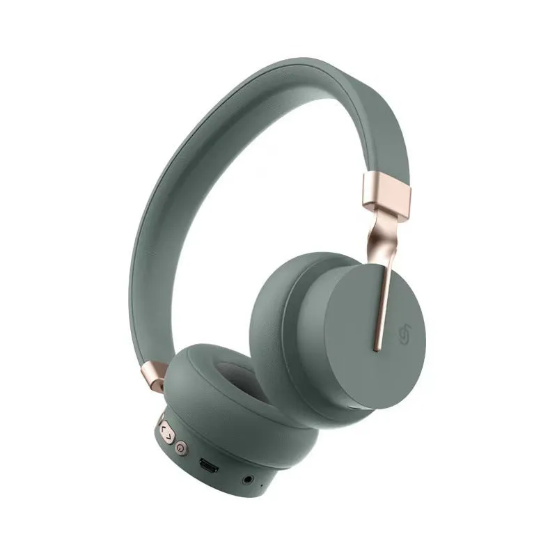 Head-mounted Bluetooth headset shown in solid green, black, red, blue, and white colour options.