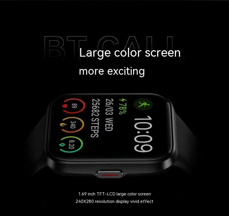 Black smart watch with Bluetooth calling and health monitoring features on a wrist.