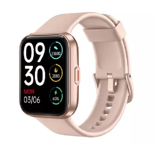 Black smart watch with Bluetooth calling and health monitoring features on a wrist.