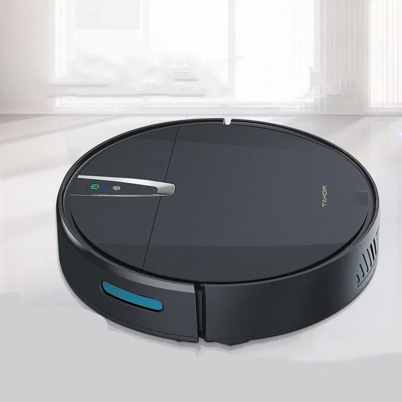 Ultra-thin black and white robotic floor cleaner with docking station and remote control.