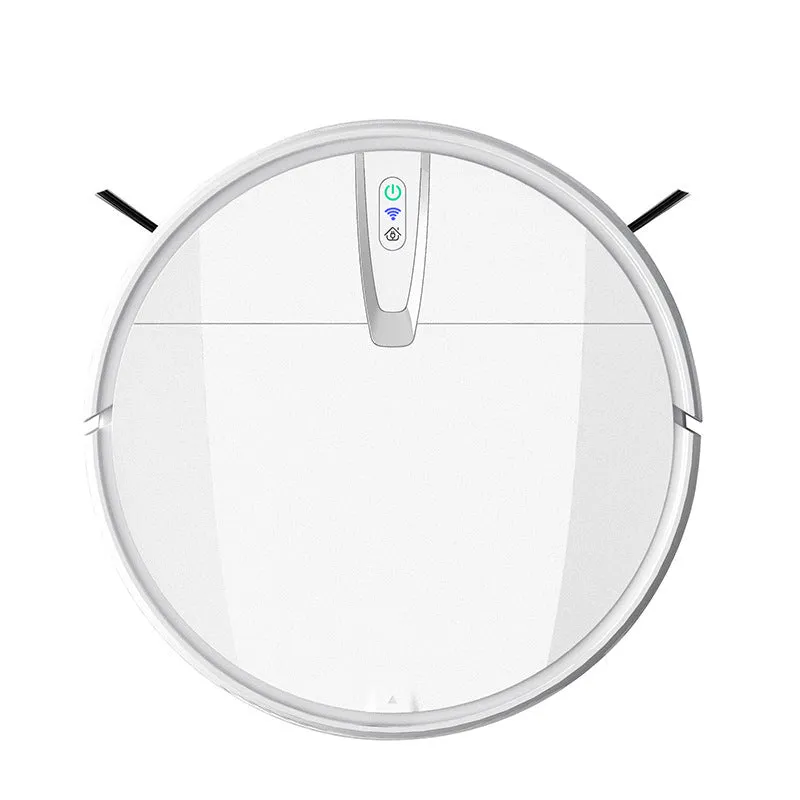 Ultra-thin black and white robotic floor cleaner with docking station and remote control.