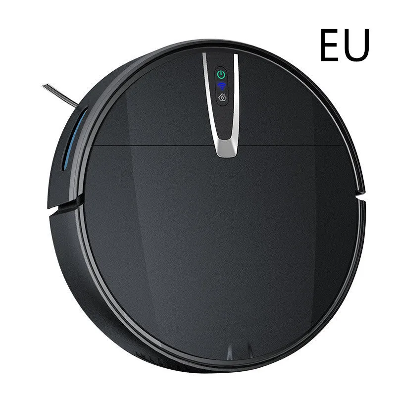 Ultra-thin black and white robotic floor cleaner with docking station and remote control.