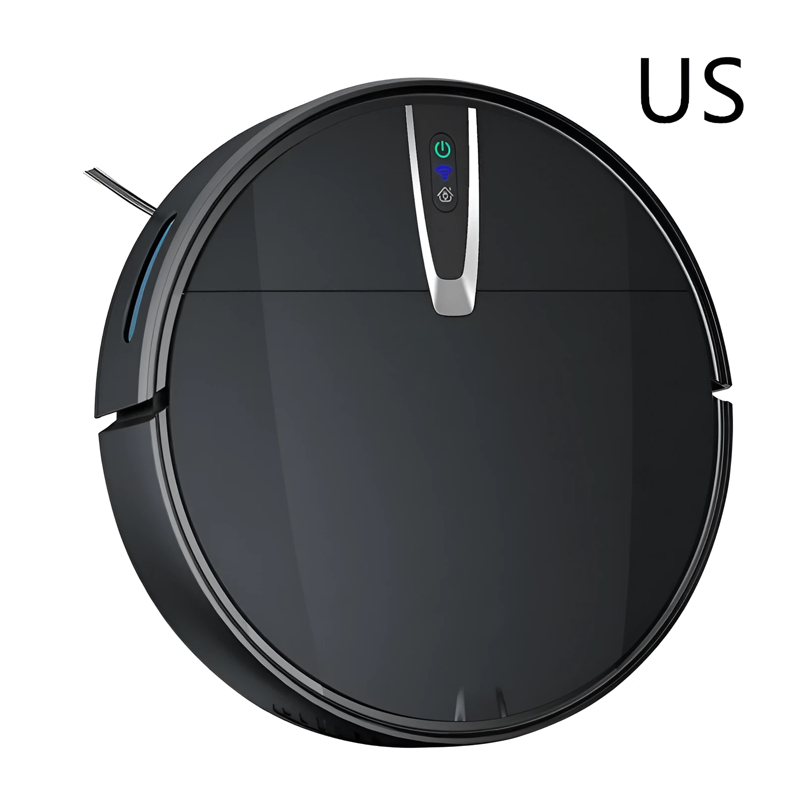 Ultra-thin black and white robotic floor cleaner with docking station and remote control.