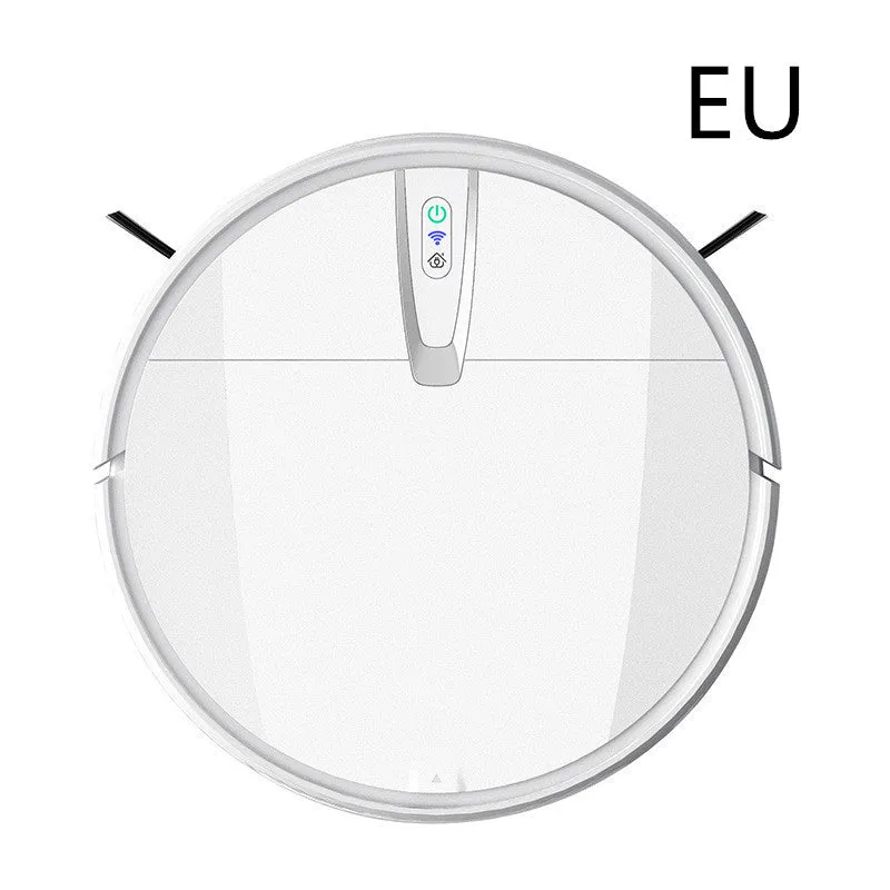 Ultra-thin black and white robotic floor cleaner with docking station and remote control.