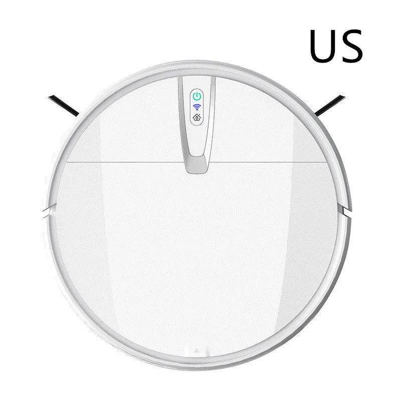 Ultra-thin black and white robotic floor cleaner with docking station and remote control.