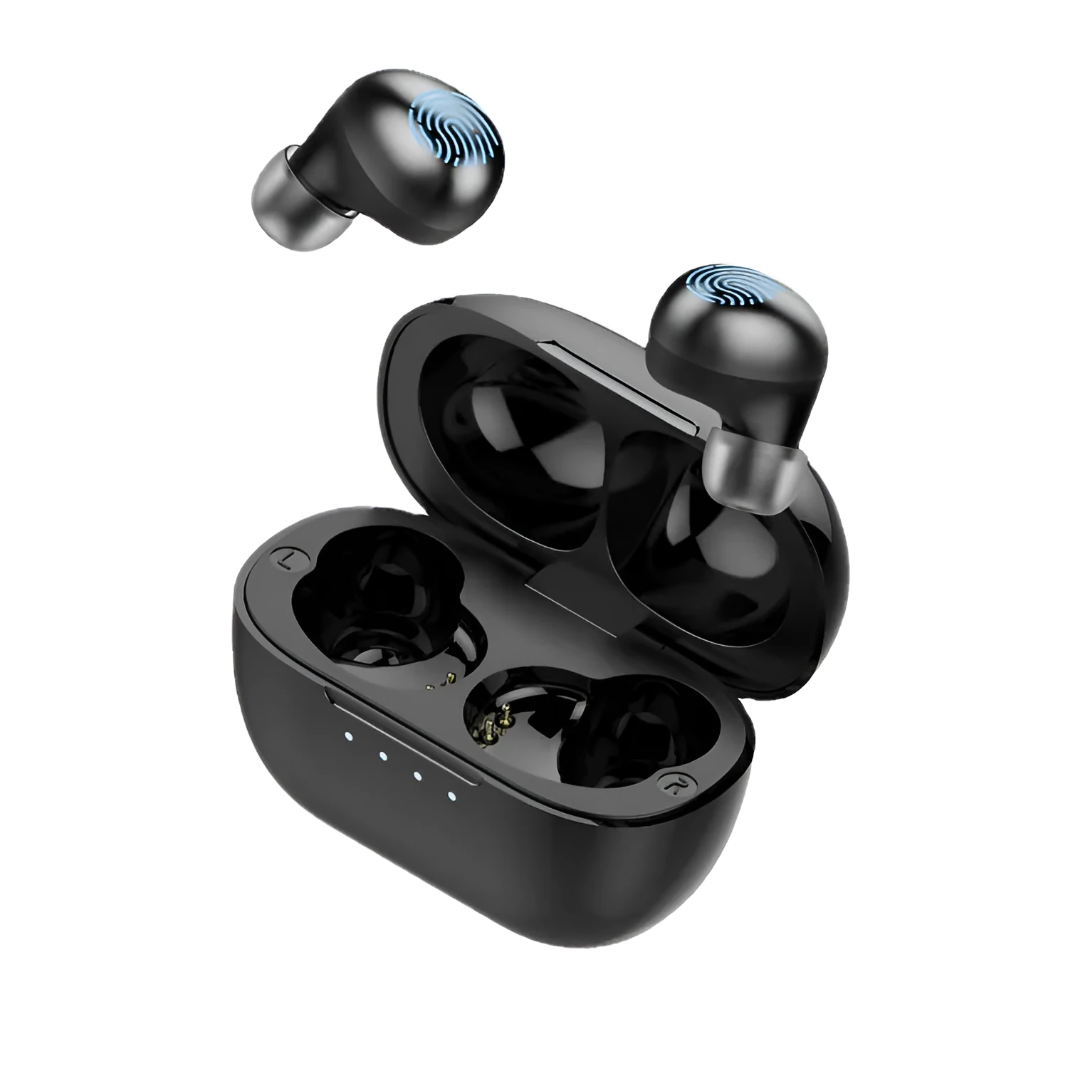 Black wireless Bluetooth earbud headset with stereo sound and call functionality