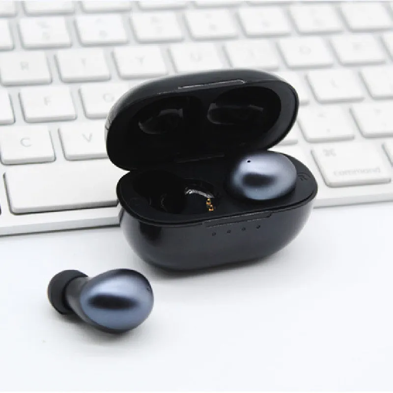 Black wireless Bluetooth earbud headset with stereo sound and call functionality