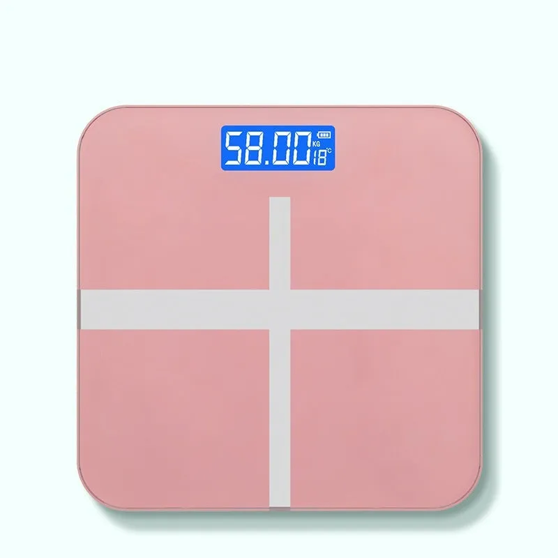 Digital bathroom weight scale with USB rechargeable feature in black, rose red, and white colour options.