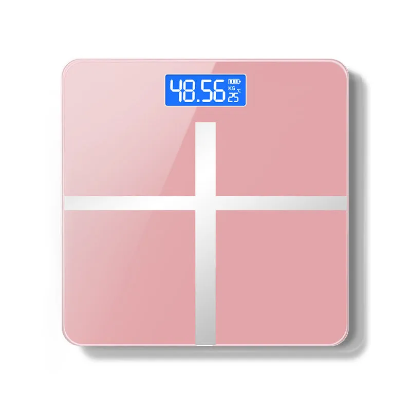 Digital bathroom weight scale with USB rechargeable feature in black, rose red, and white colour options.