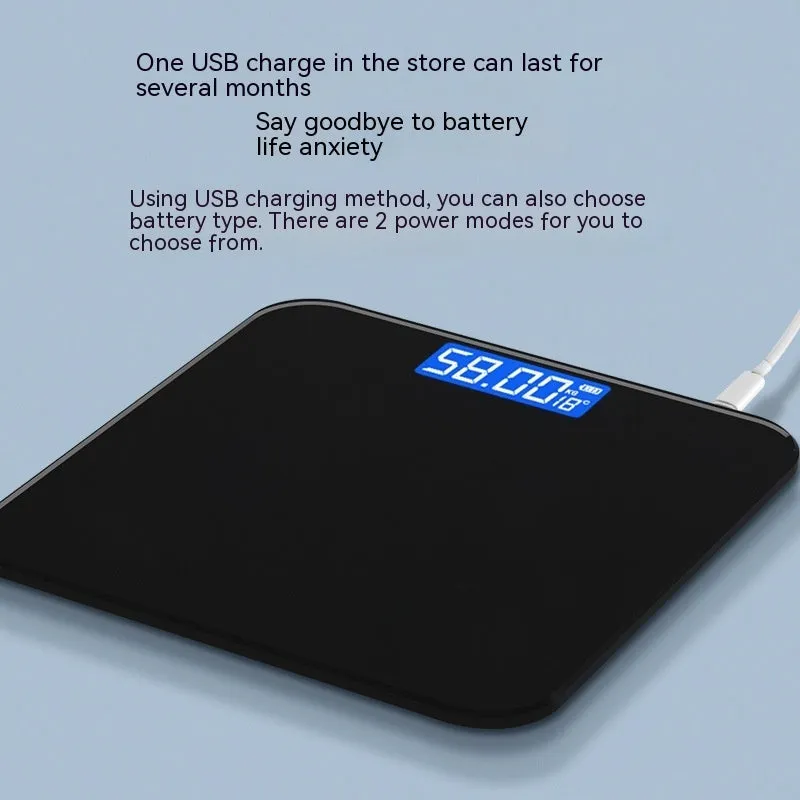 Digital bathroom weight scale with USB rechargeable feature in black, rose red, and white colour options.