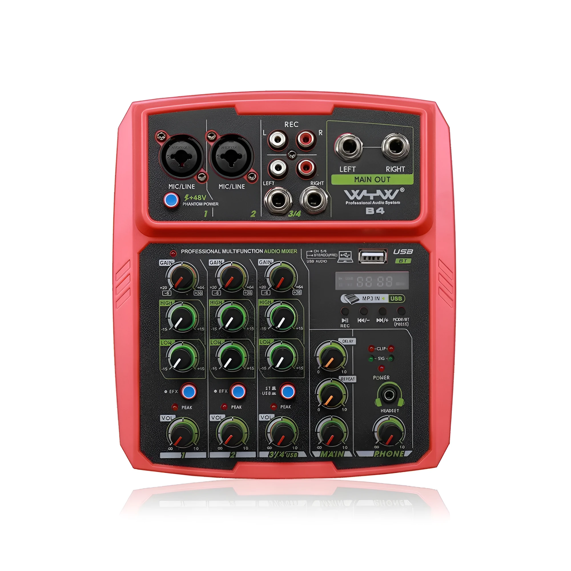 USB audio processor with colour LED mixer, available in green, red or yellow
