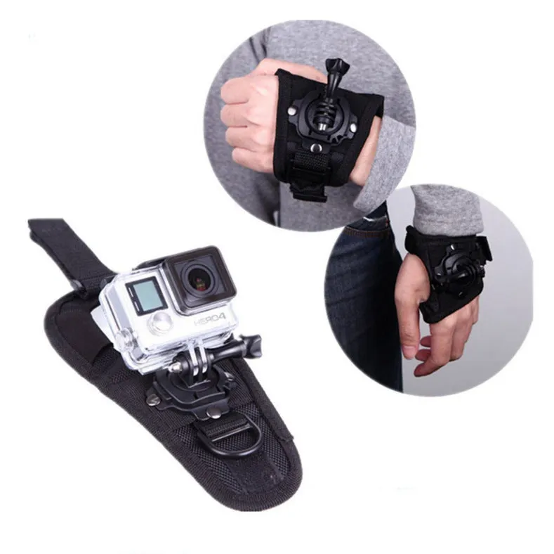 GoPro action camera mounted on black 360-degree rotating wrist strap with back cushion