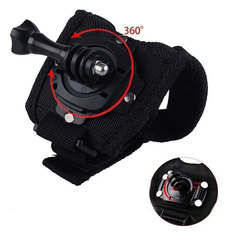 GoPro action camera mounted on black 360-degree rotating wrist strap with back cushion