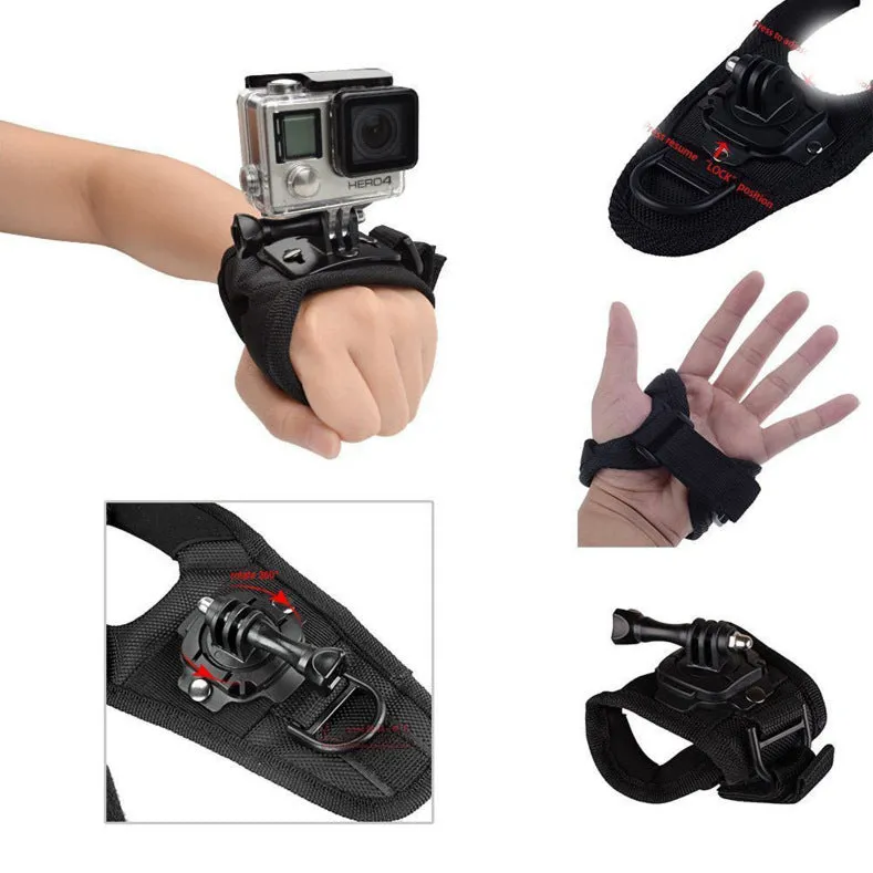 GoPro action camera mounted on black 360-degree rotating wrist strap with back cushion