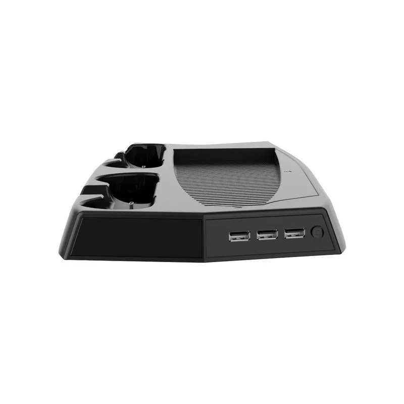 Black PS5 charging cooling fan base with dual controller slots and USB hub for console