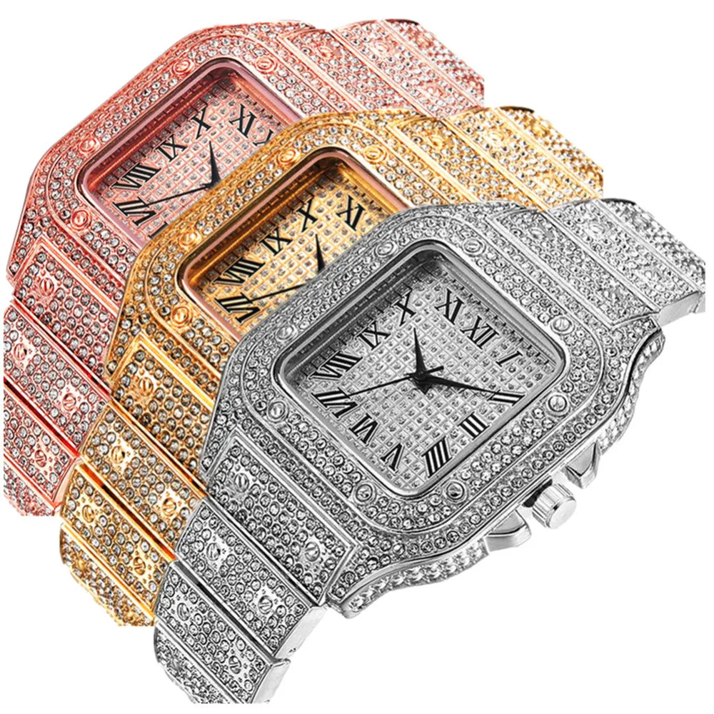 Square Roman numeral quartz watch with diamond studs on black mesh band, with matching bracelet and necklace.
