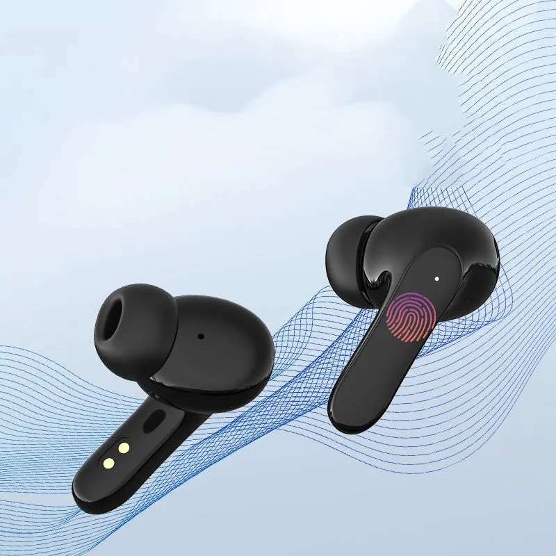 Neutral white and black wireless TWS in-ear sports stereo earbuds with charging cable