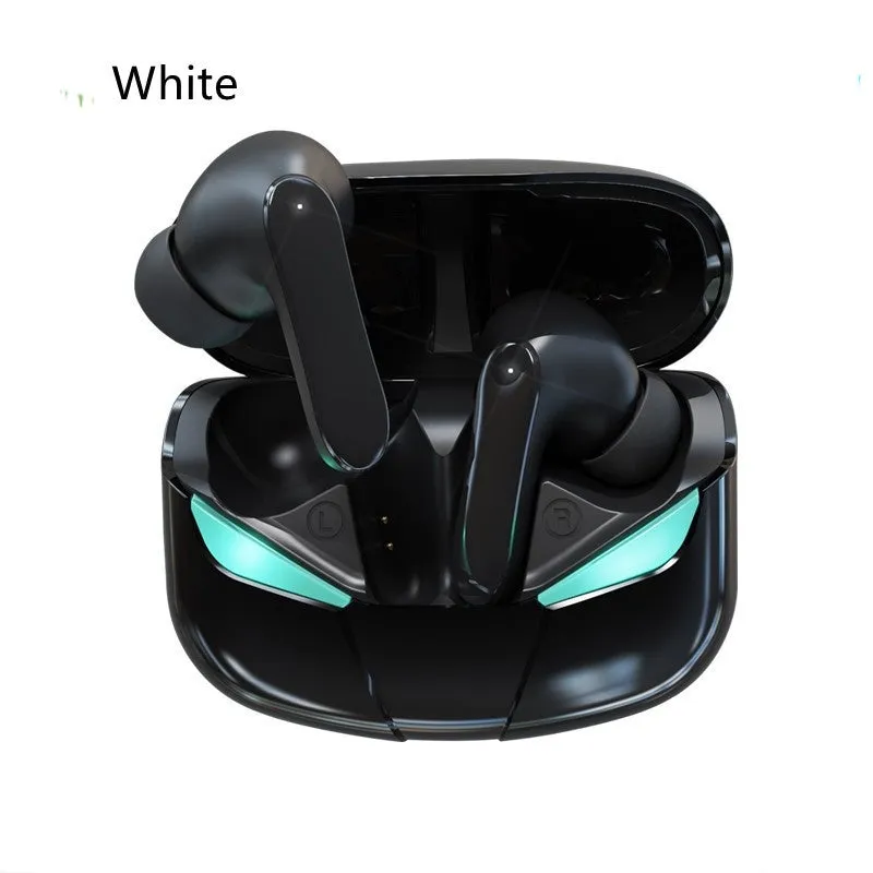 Neutral white and black wireless TWS in-ear sports stereo earbuds with charging cable