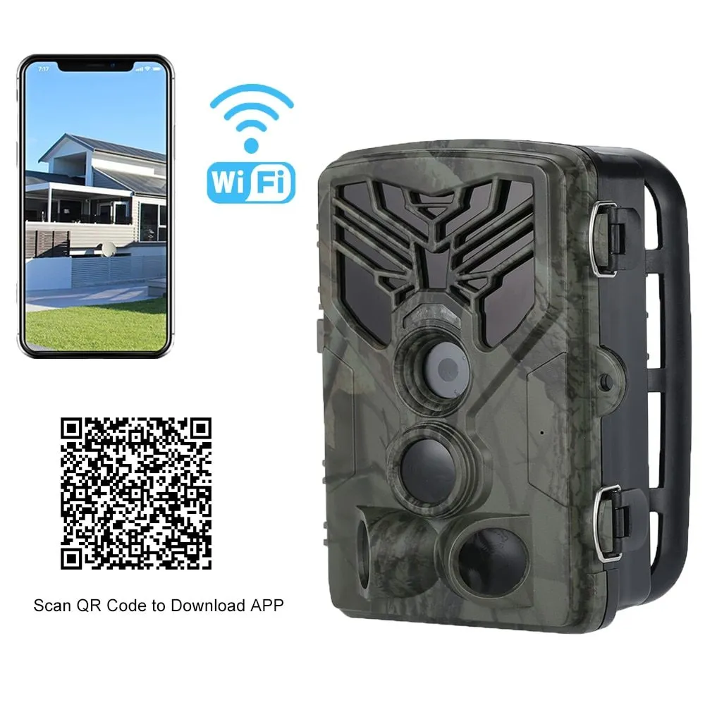 Wifi830 wireless trail camera with camouflage design on tree branch, showing compact size and infrared LEDs.