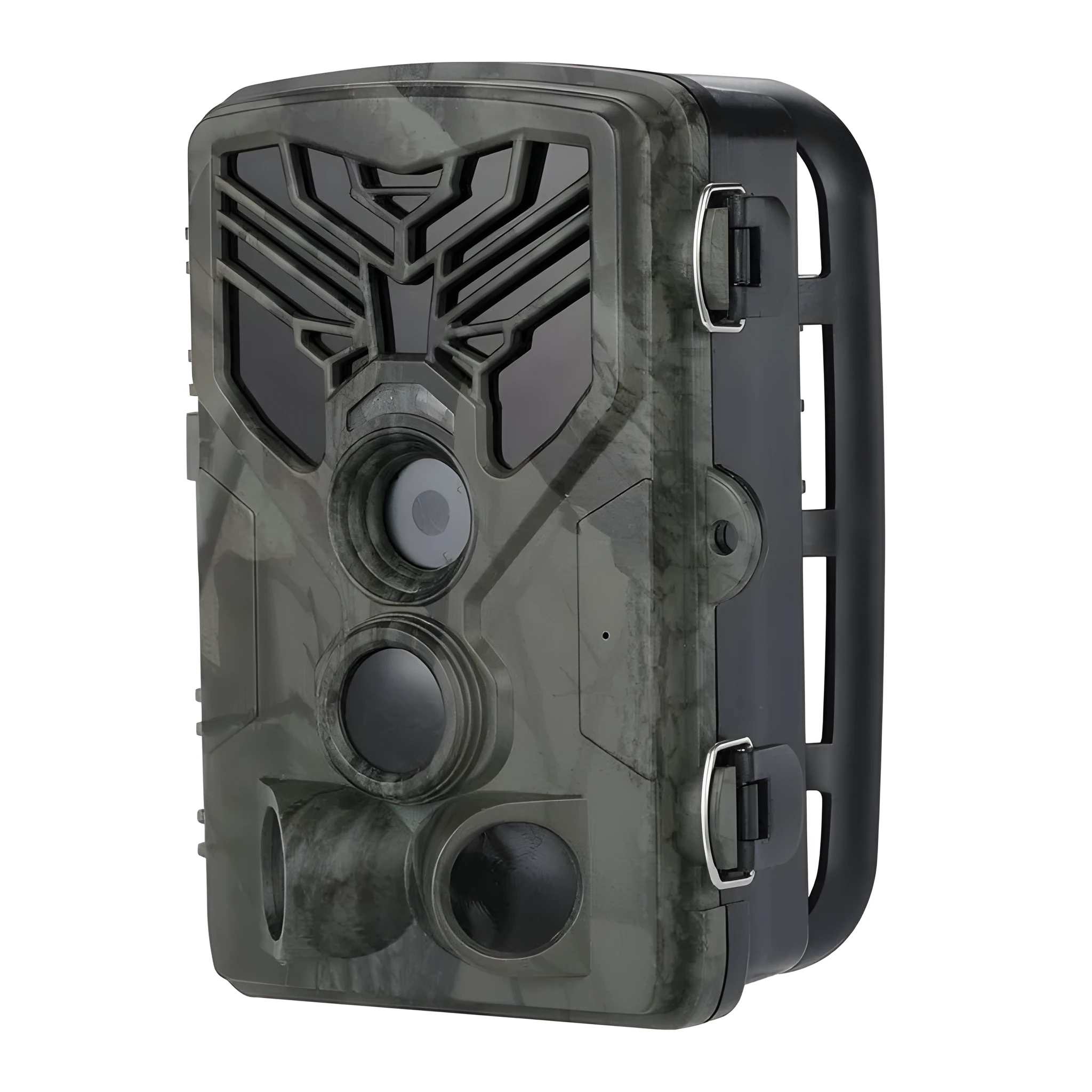 Wifi830 wireless trail camera with camouflage design on tree branch, showing compact size and infrared LEDs.
