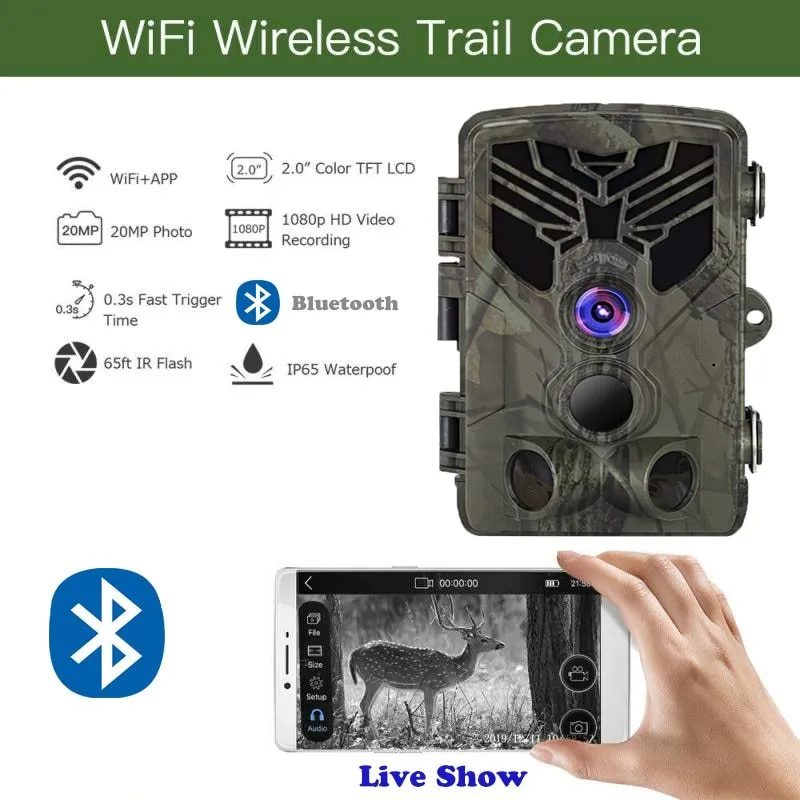 Wifi830 wireless trail camera with camouflage design on tree branch, showing compact size and infrared LEDs.