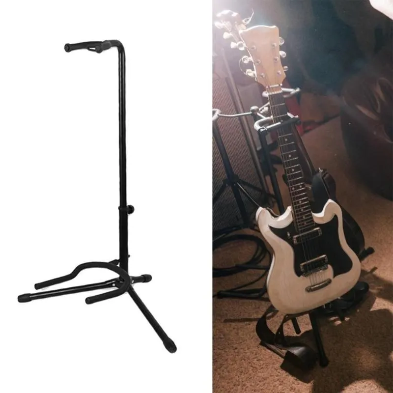 Black foldable metal guitar stand for acoustic and electric guitars