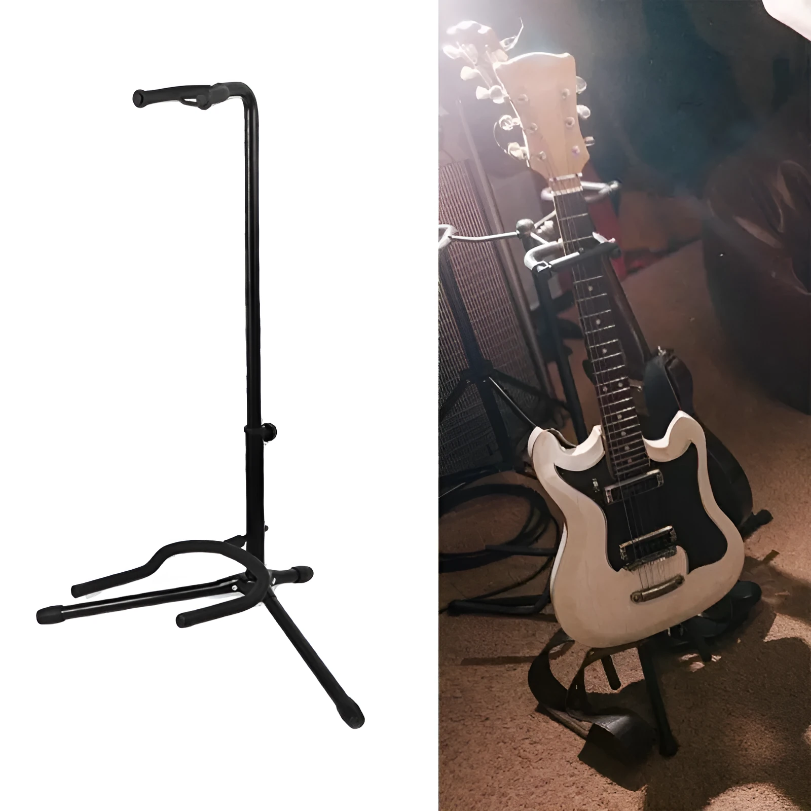 Black foldable metal guitar stand for acoustic and electric guitars