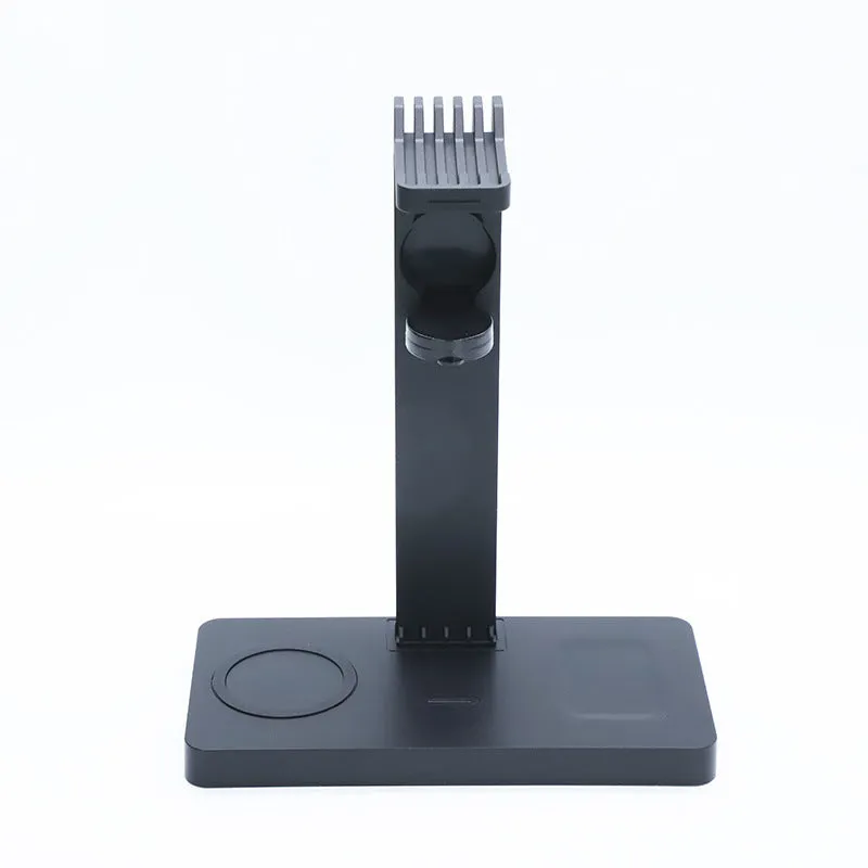 Black multi-function wireless charging station with phone, watch, and headset bracket and LED indicator