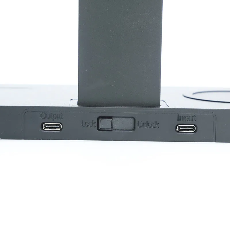Black multi-function wireless charging station with phone, watch, and headset bracket and LED indicator