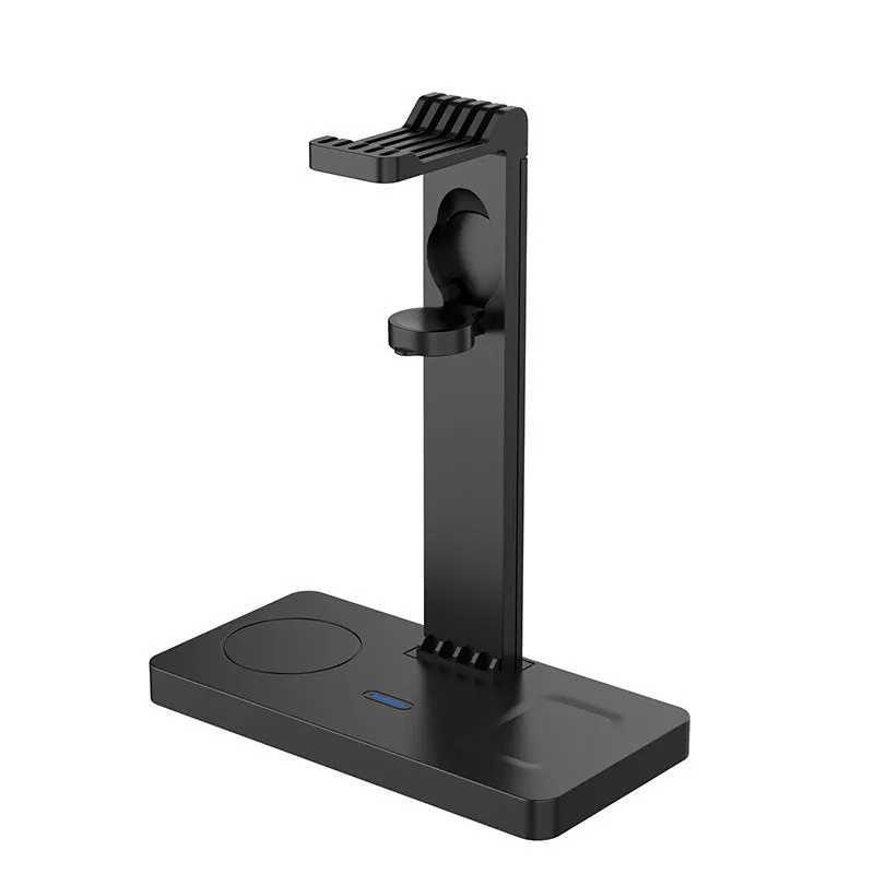 Black multi-function wireless charging station with phone, watch, and headset bracket and LED indicator