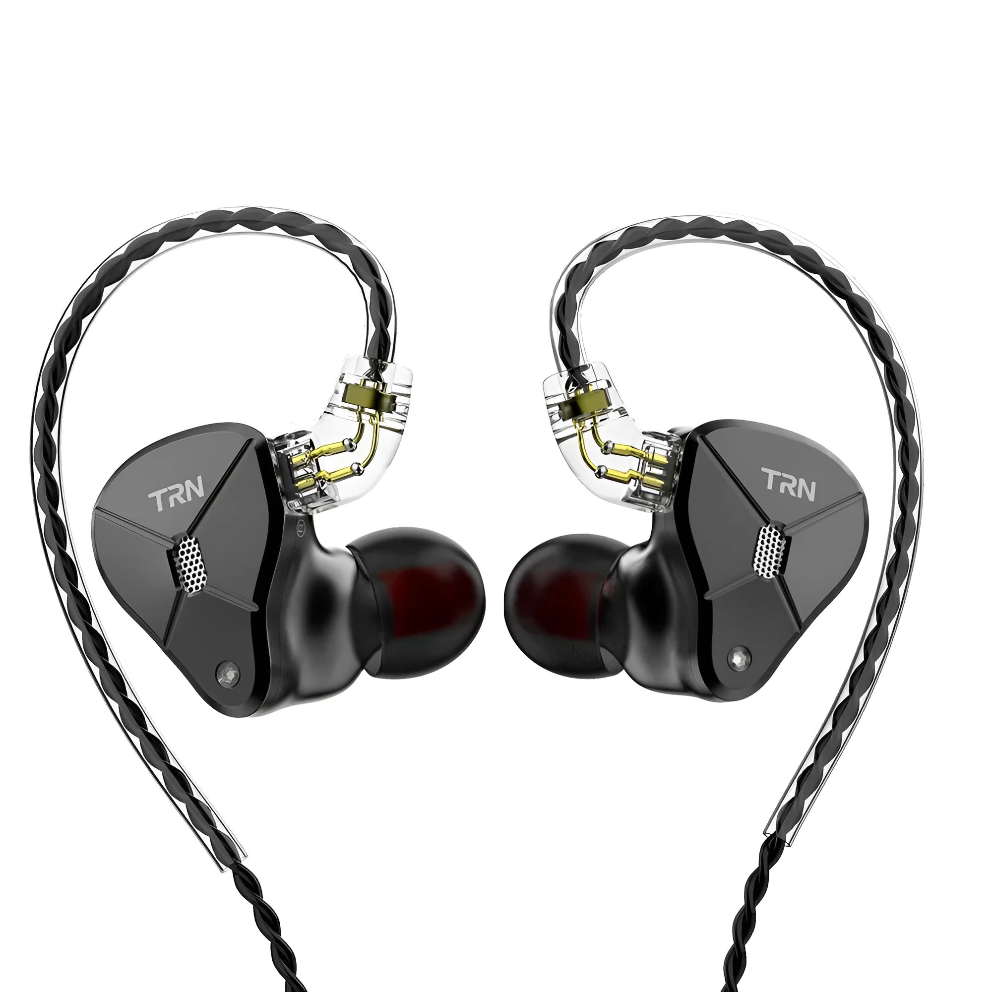 Black in-ear wired headset with 3.5mm plug, TPE cable, and silicone ear sleeves on a white background.