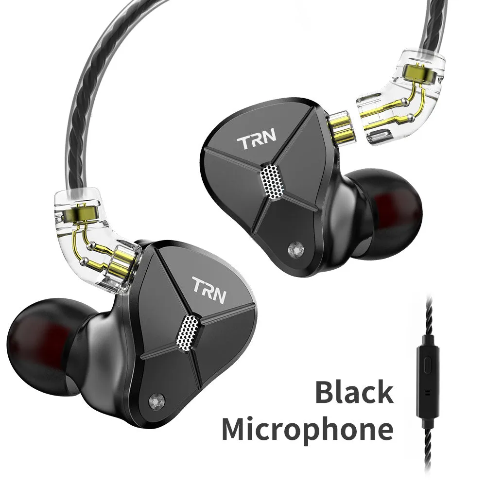 Black in-ear wired headset with 3.5mm plug, TPE cable, and silicone ear sleeves on a white background.