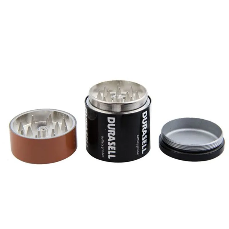 Zinc alloy 55mm battery-shaped three-layer smoke grinder with keychain on black background