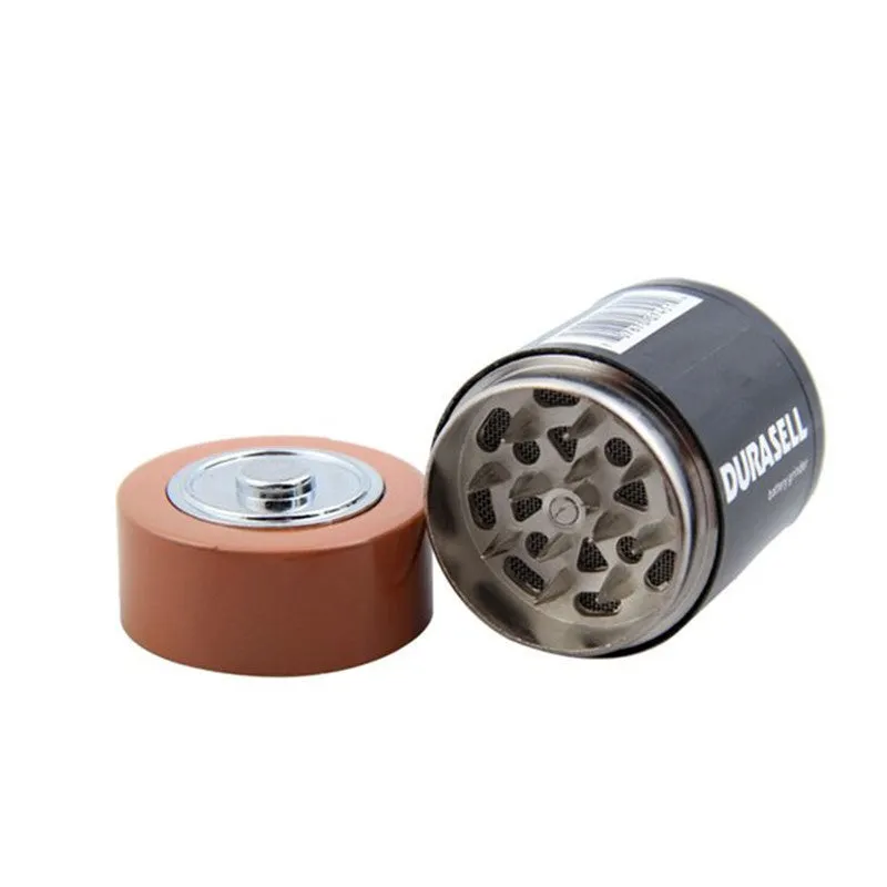 Zinc alloy 55mm battery-shaped three-layer smoke grinder with keychain on black background