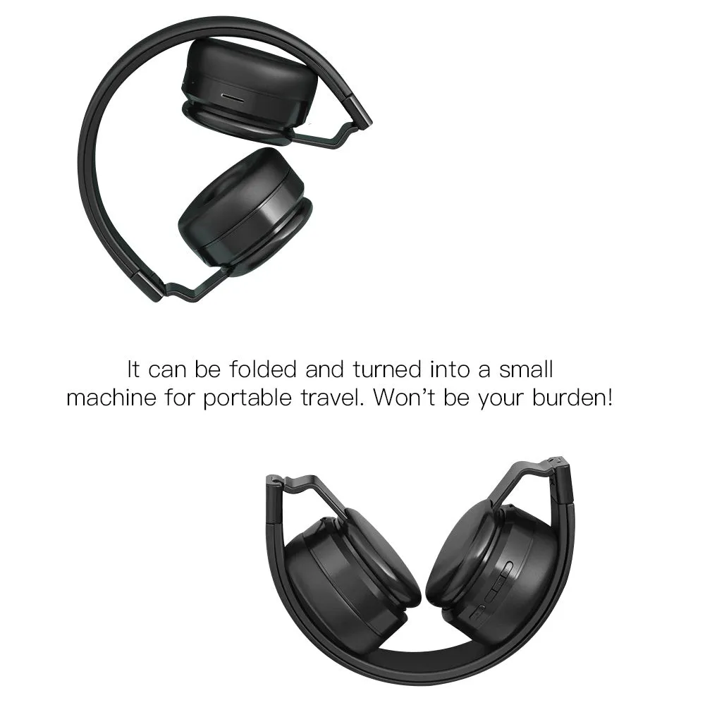 Folding sports headphones in black silver colour showing Bluetooth, FM radio and card mode functions