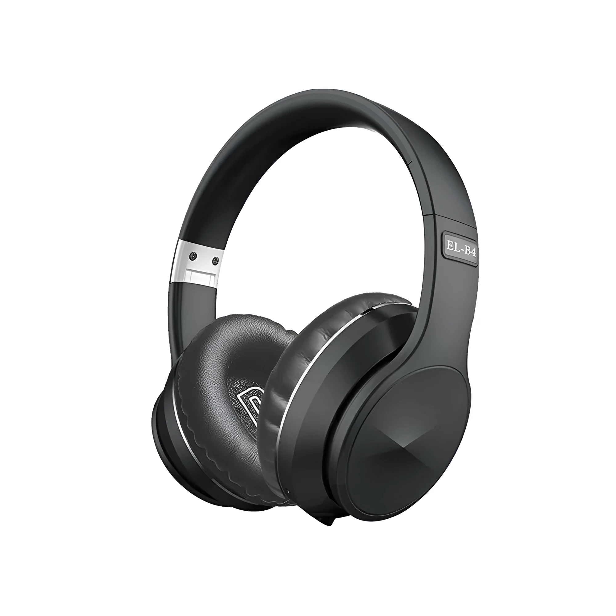 Folding sports headphones in black silver colour showing Bluetooth, FM radio and card mode functions