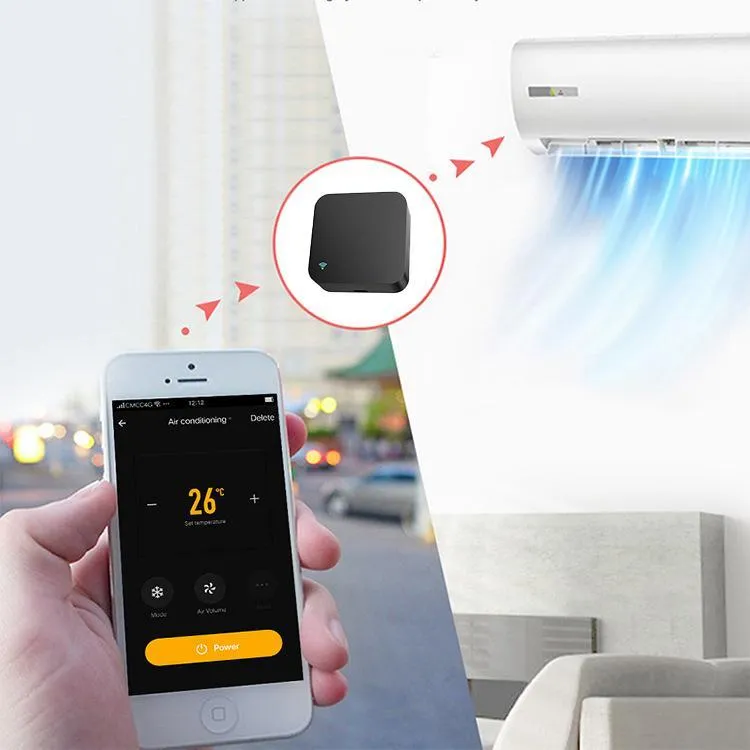 Black universal infrared remote control with voice command for air conditioning and TV