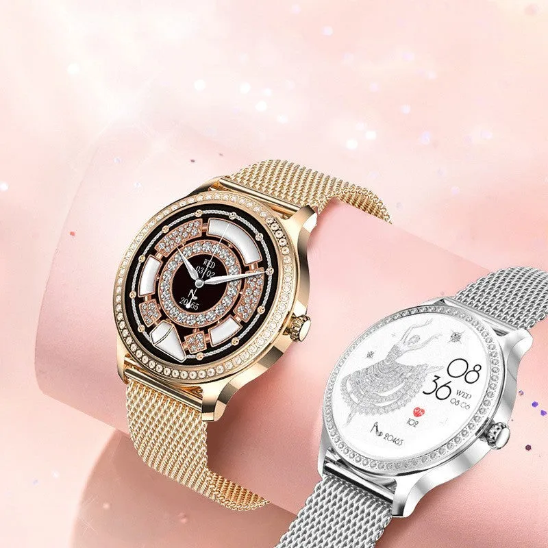Women's smart watch with Bluetooth calling on wrist, showing TFT touch screen displaying health metrics.