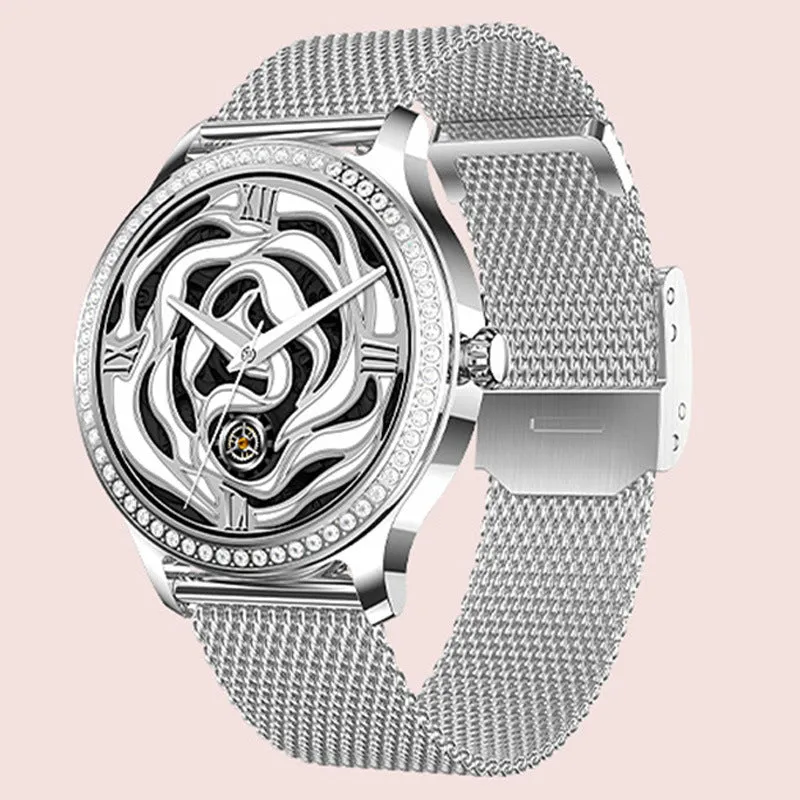 Women's smart watch with Bluetooth calling on wrist, showing TFT touch screen displaying health metrics.