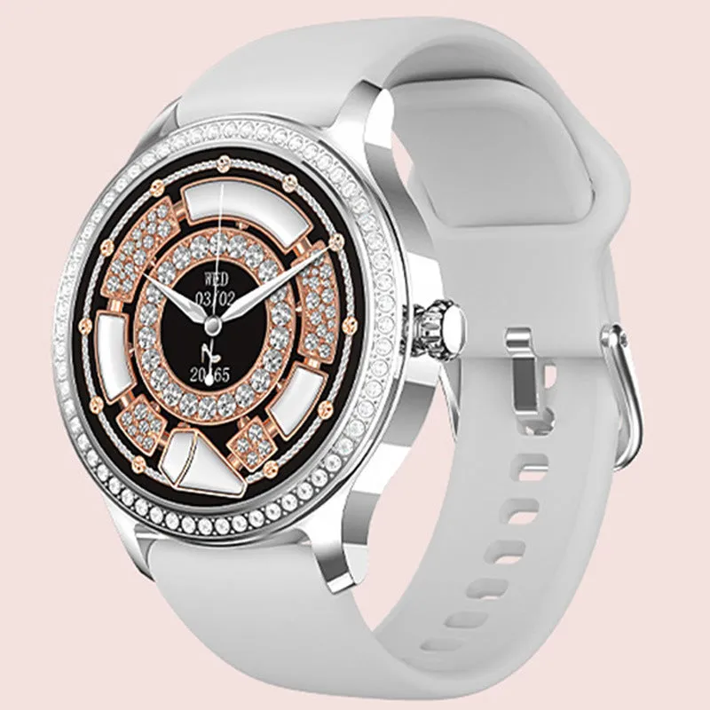 Women's smart watch with Bluetooth calling on wrist, showing TFT touch screen displaying health metrics.