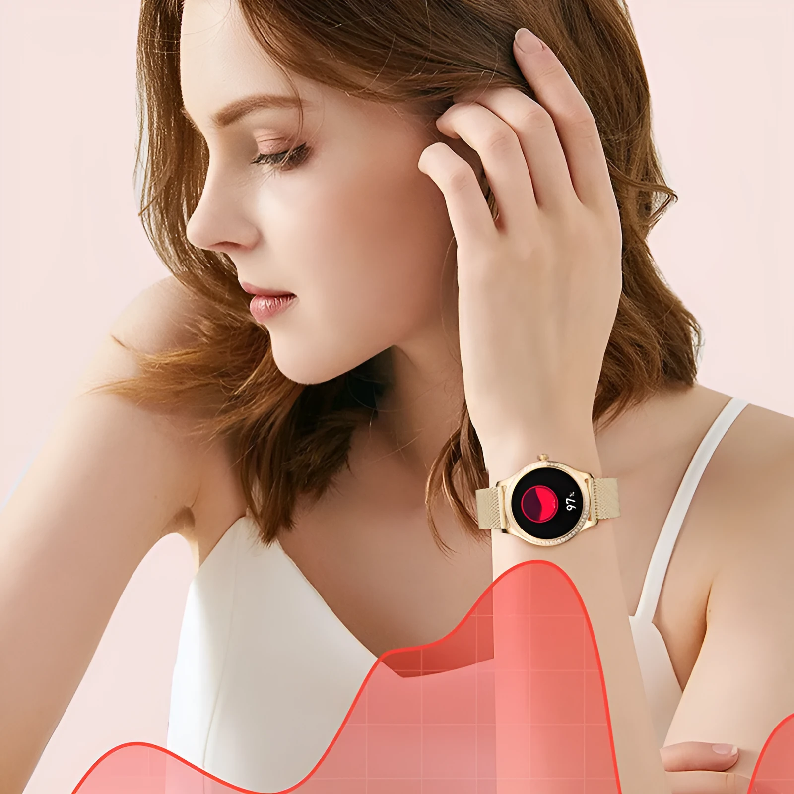Women's smart watch with Bluetooth calling on wrist, showing TFT touch screen displaying health metrics.