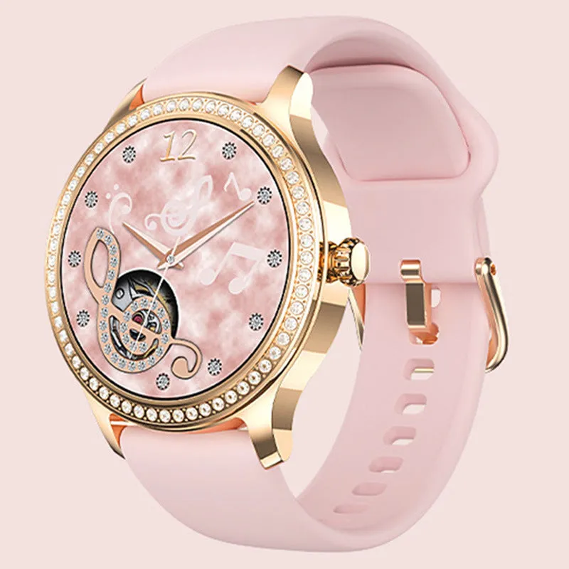 Women's smart watch with Bluetooth calling on wrist, showing TFT touch screen displaying health metrics.