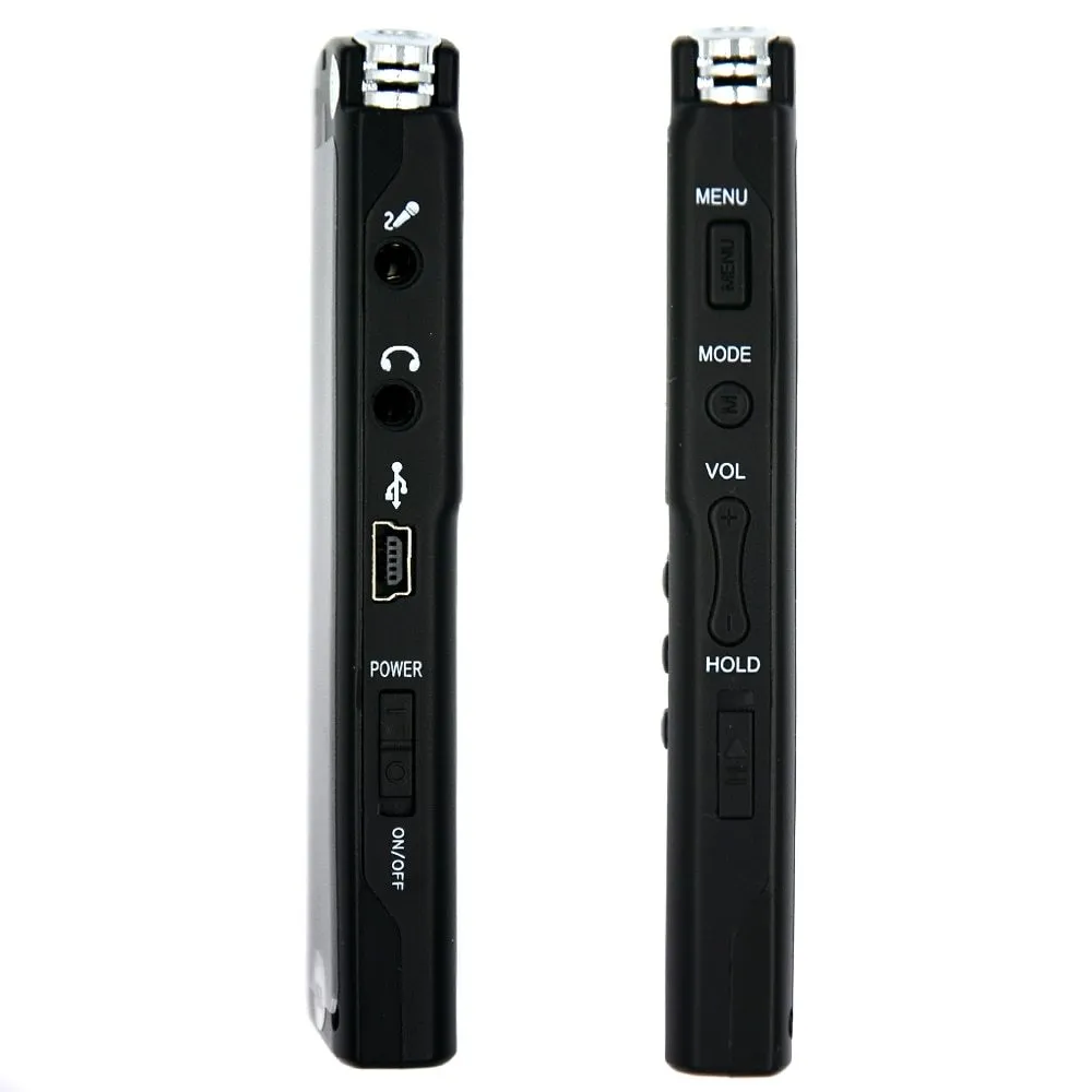 Compact black USB voice recorder with display screen, showing 16GB memory and external microphone port.