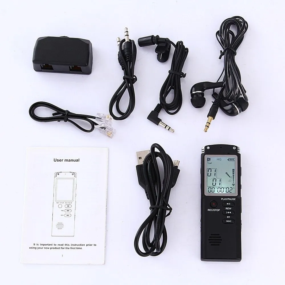 Compact black USB voice recorder with display screen, showing 16GB memory and external microphone port.