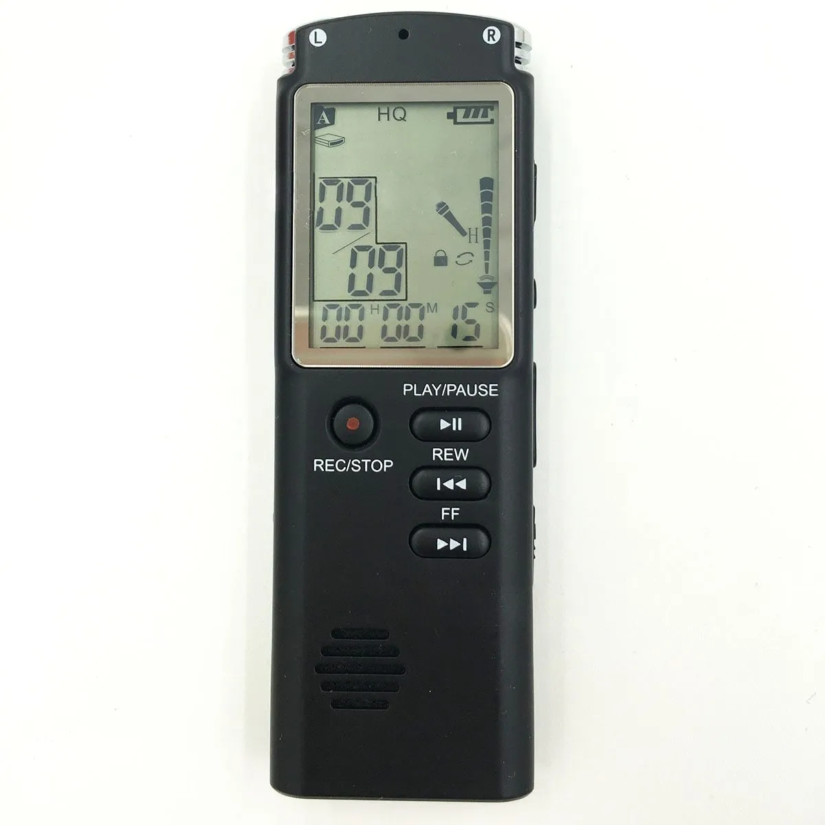 Compact black USB voice recorder with display screen, showing 16GB memory and external microphone port.