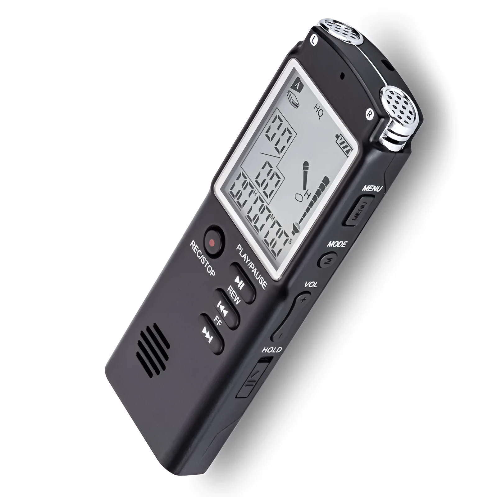 Compact black USB voice recorder with display screen, showing 16GB memory and external microphone port.
