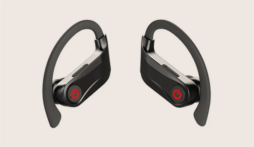 Black wireless Bluetooth earbuds headset with a 10-metre range and voice control functions.