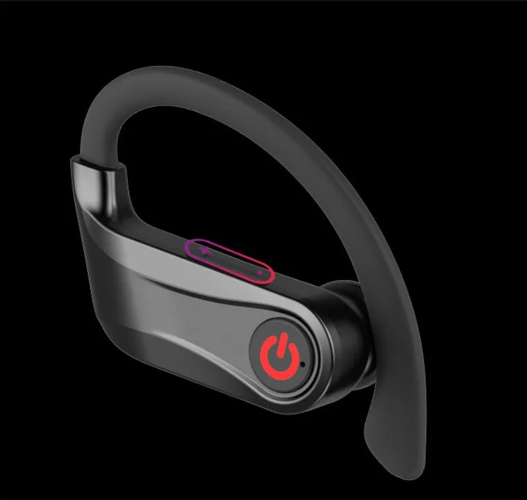 Black wireless Bluetooth earbuds headset with a 10-metre range and voice control functions.