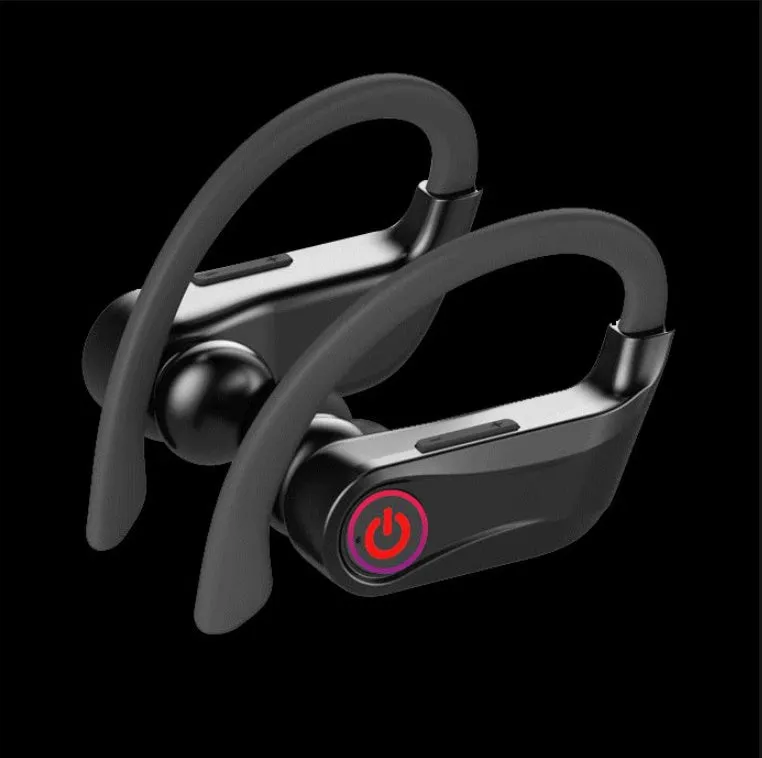 Black wireless Bluetooth earbuds headset with a 10-metre range and voice control functions.