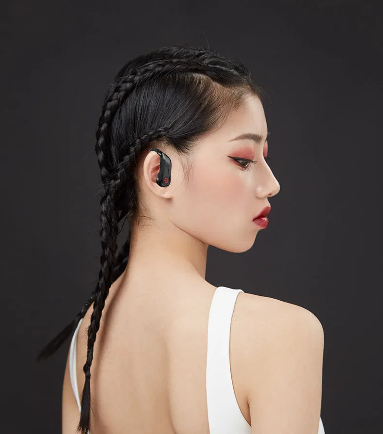 Black wireless Bluetooth earbuds headset with a 10-metre range and voice control functions.